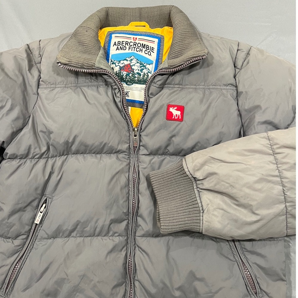 Abercrombie & Fitch Mens XL Grey Down Puffer Jacket Vintage Y2K Moose Logo